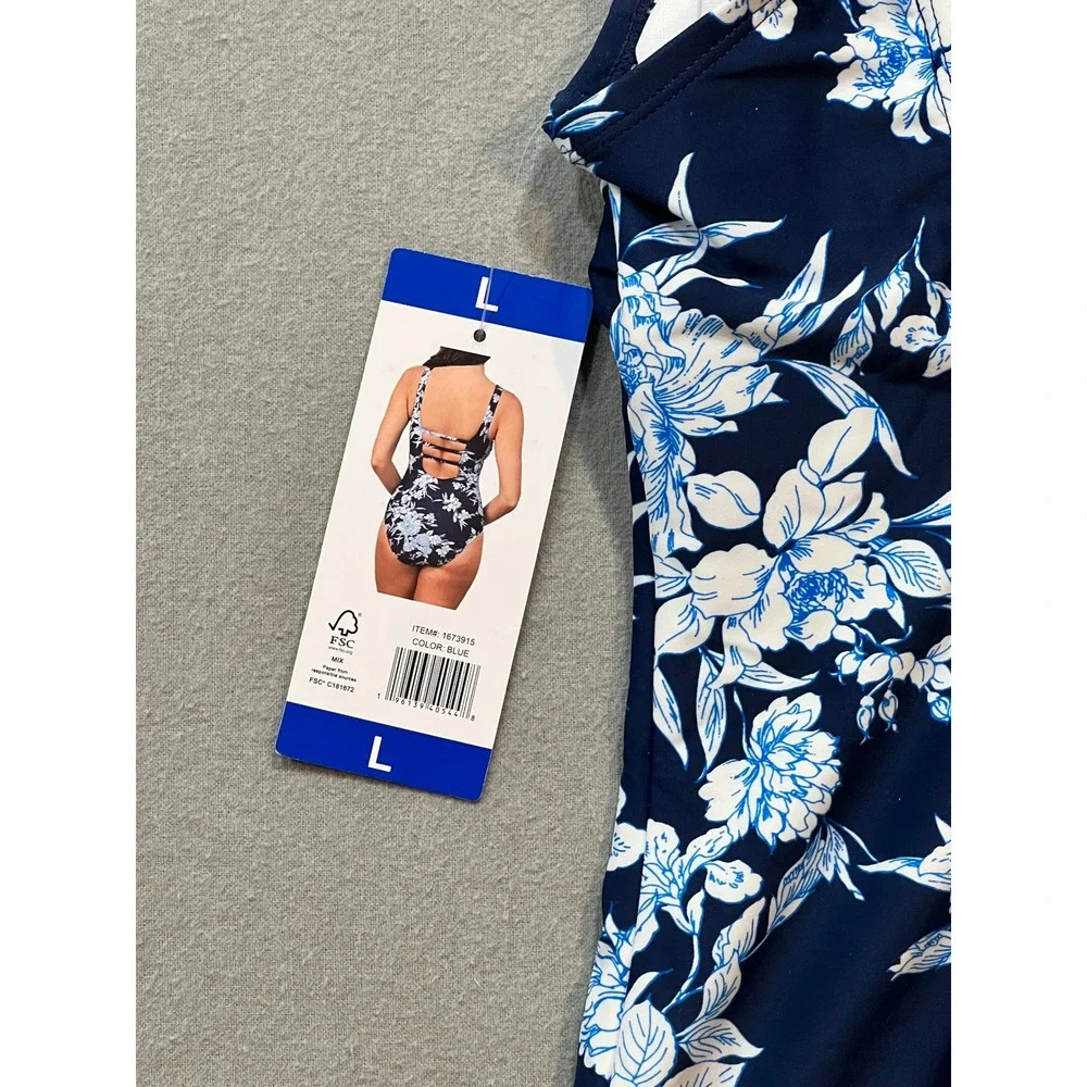NWT OP One-piece Swimsuit Blue White Floral Size L - Picture 5 of 6